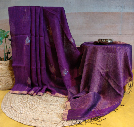 Pure Linen Purple saree with tulip weaving and running blouse