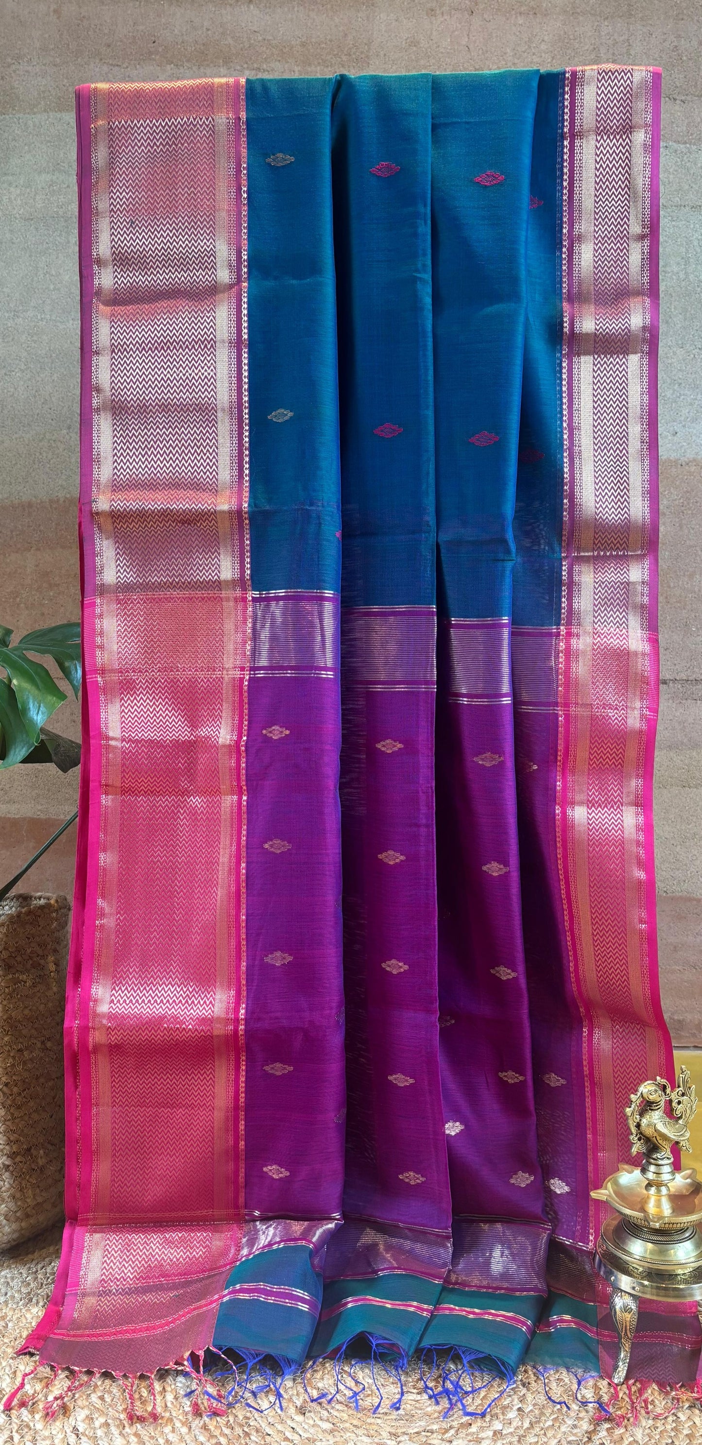 Maheswari Silk Saree Double shade Peacock Green with Purple border