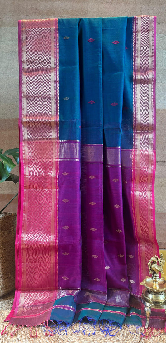 Maheswari Silk Saree Double shade Peacock Green with Purple border