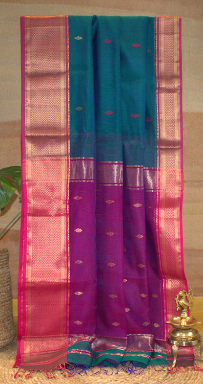 Maheswari Silk Saree Double shade Peacock Green with Purple border
