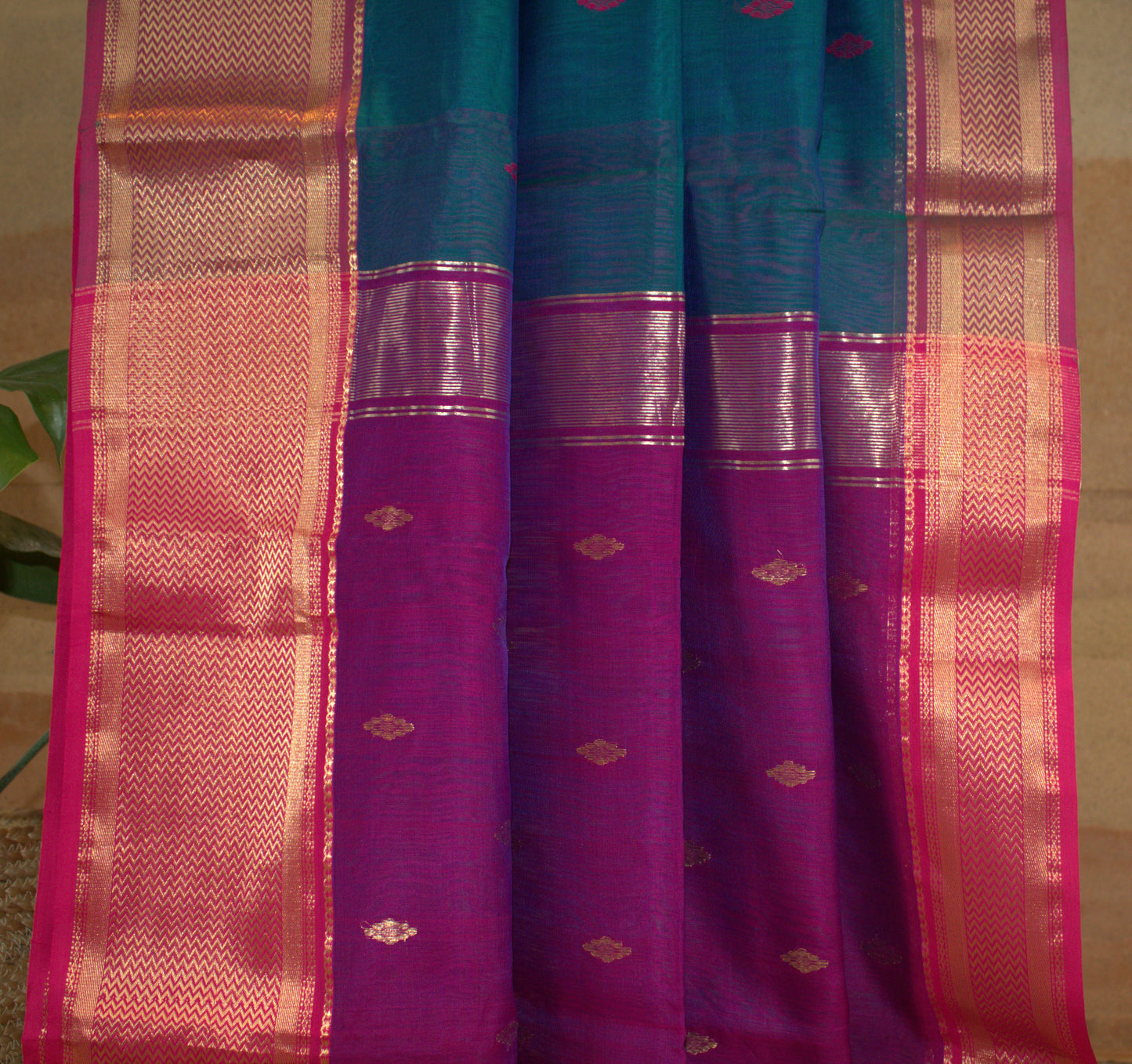 Maheswari Silk Saree Double shade Peacock Green with Purple border