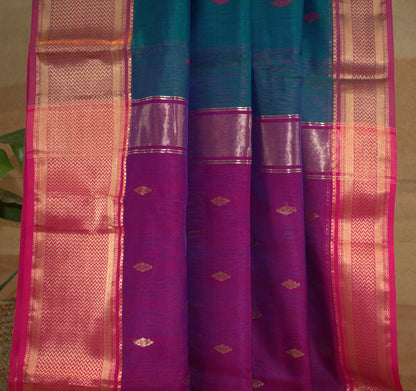 Maheswari Silk Saree Double shade Peacock Green with Purple border