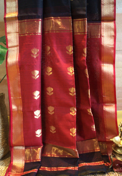 Maheswari Silk Saree Black with Maroon border and contrast maroon blouse