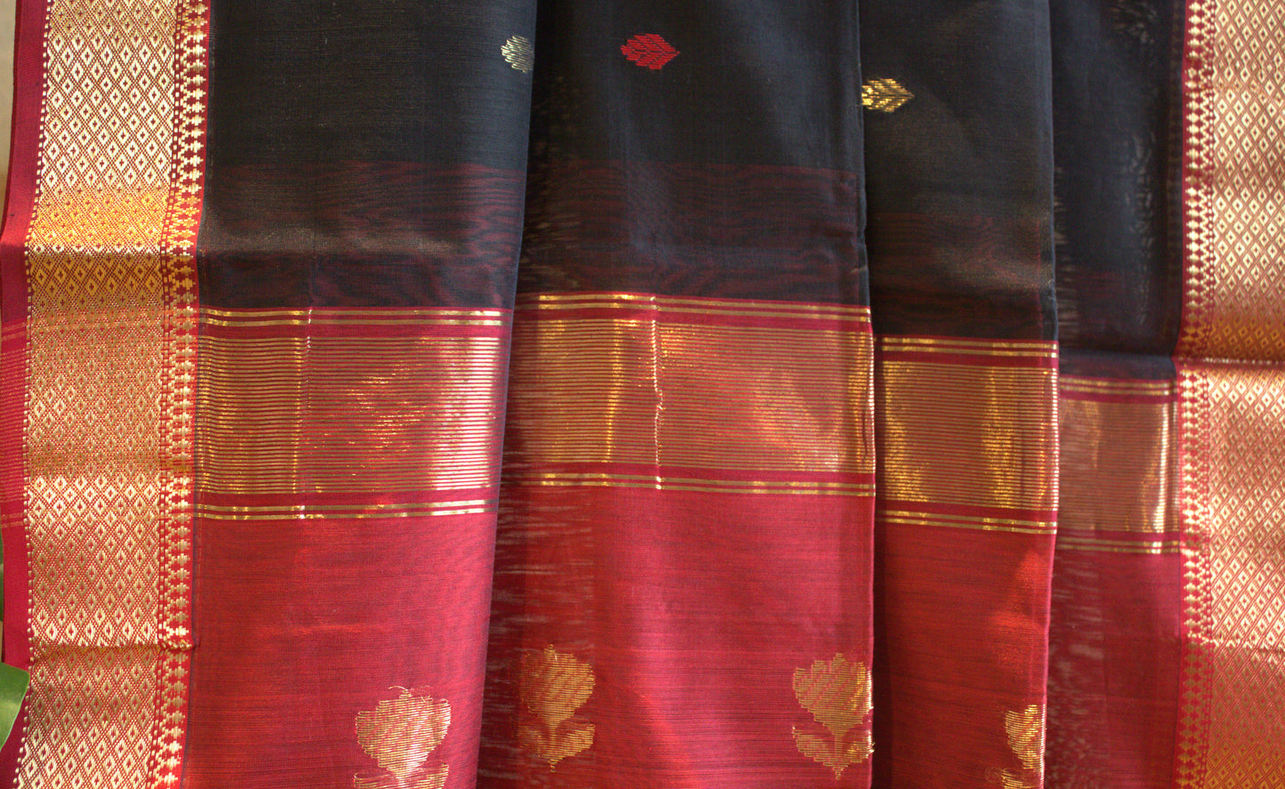 Maheswari Silk Saree Black with Maroon border and contrast maroon blouse