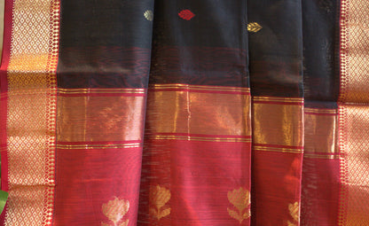 Maheswari Silk Saree Black with Maroon border and contrast maroon blouse