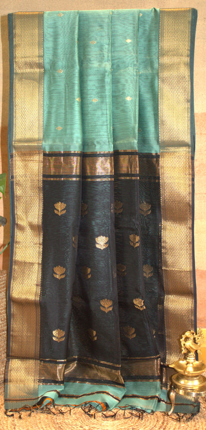 Maheswari Silk Saree Turquoise blue with Black border and contrast black blouse