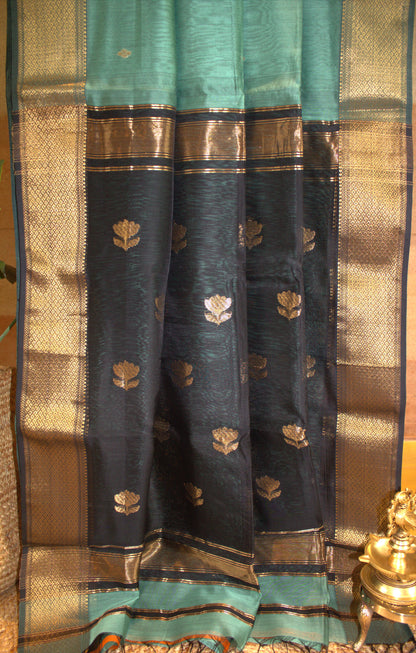 Maheswari Silk Saree Turquoise blue with Black border and contrast black blouse