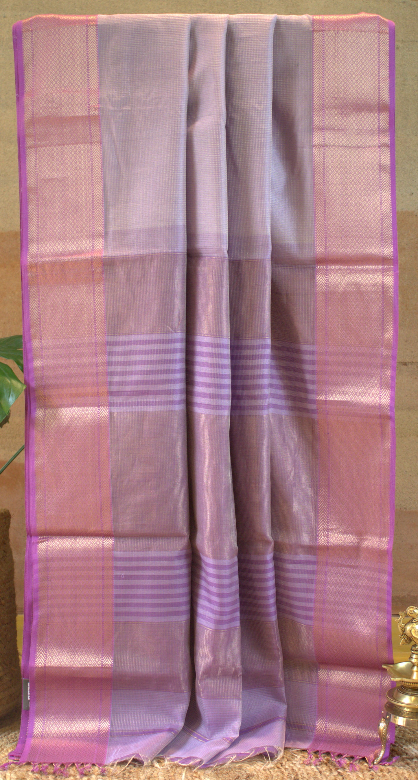 Maheswari Tissue Silk Saree Lavender with Zari border and running blouse