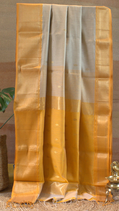 Maheswari Silk Saree Beige/Cream with Yellow border and contrast yellow blouse