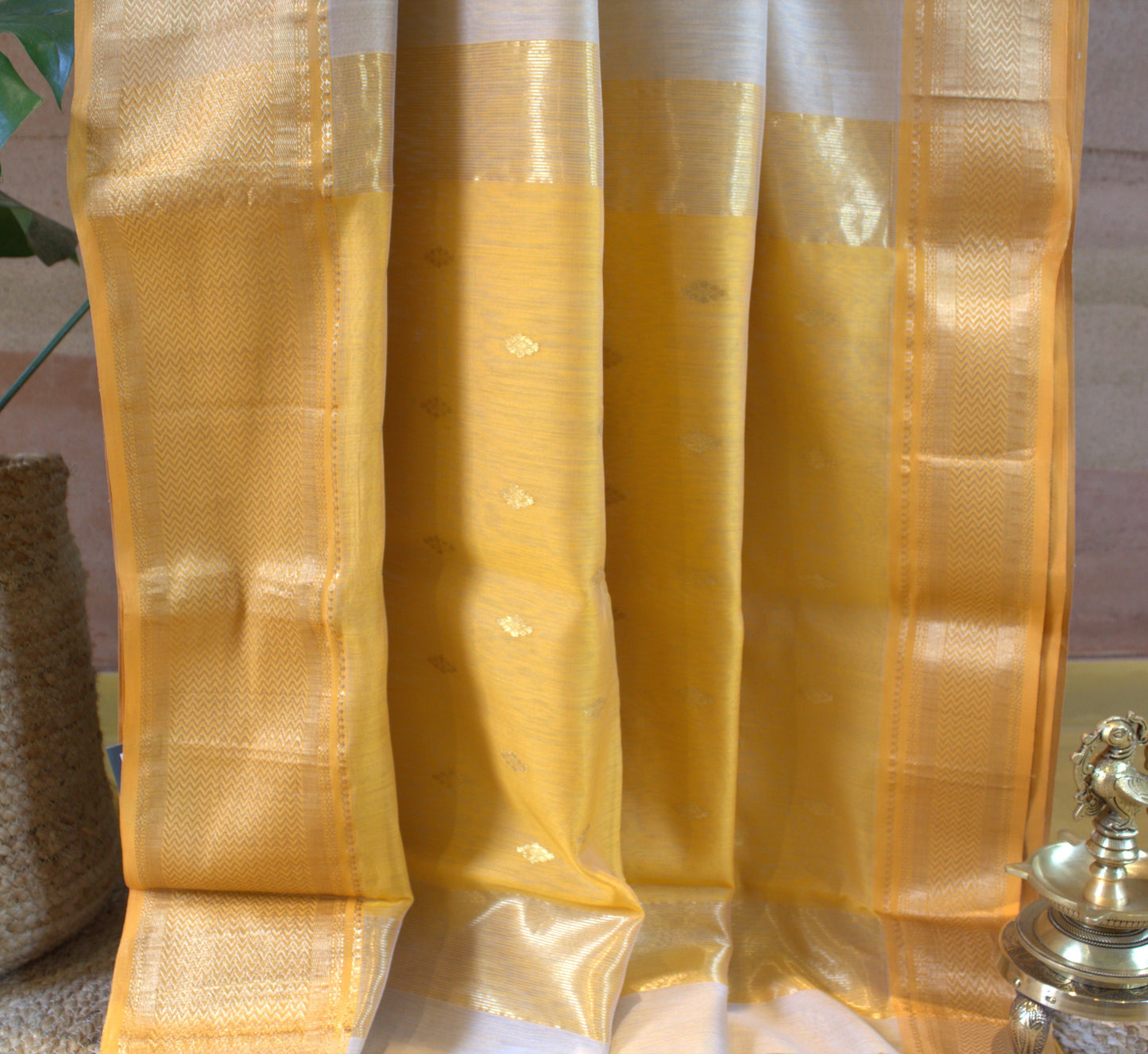 Maheswari Silk Saree Beige/Cream with Yellow border and contrast yellow blouse