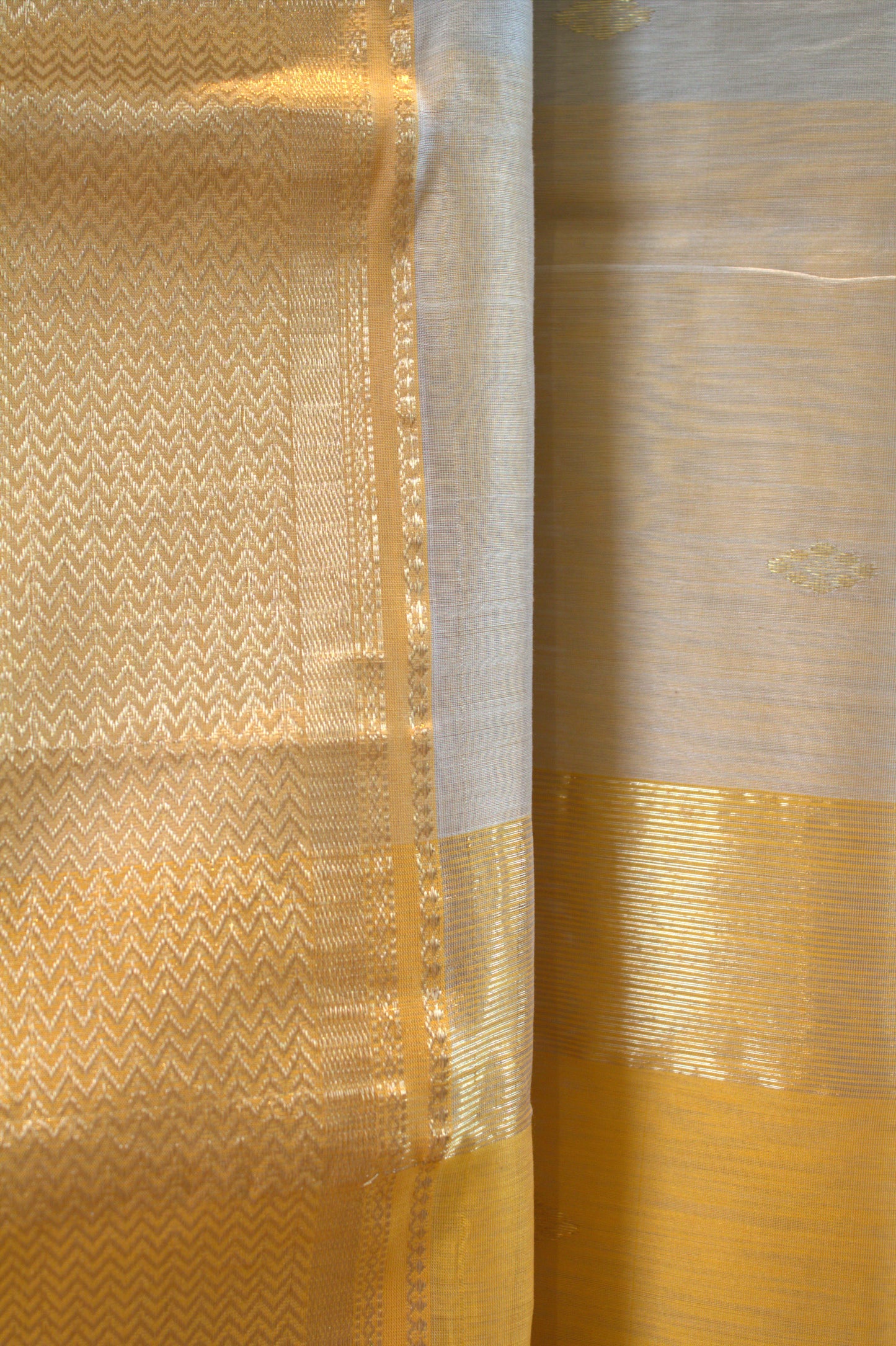 Maheswari Silk Saree Beige/Cream with Yellow border and contrast yellow blouse