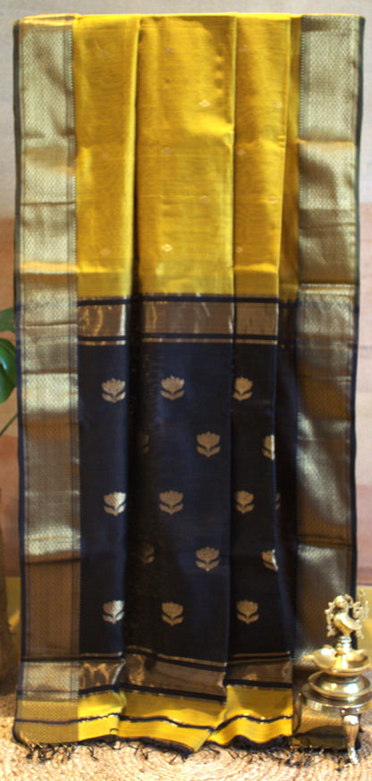 Maheswari Silk Saree Yellow with Black Zari border and Black blouse