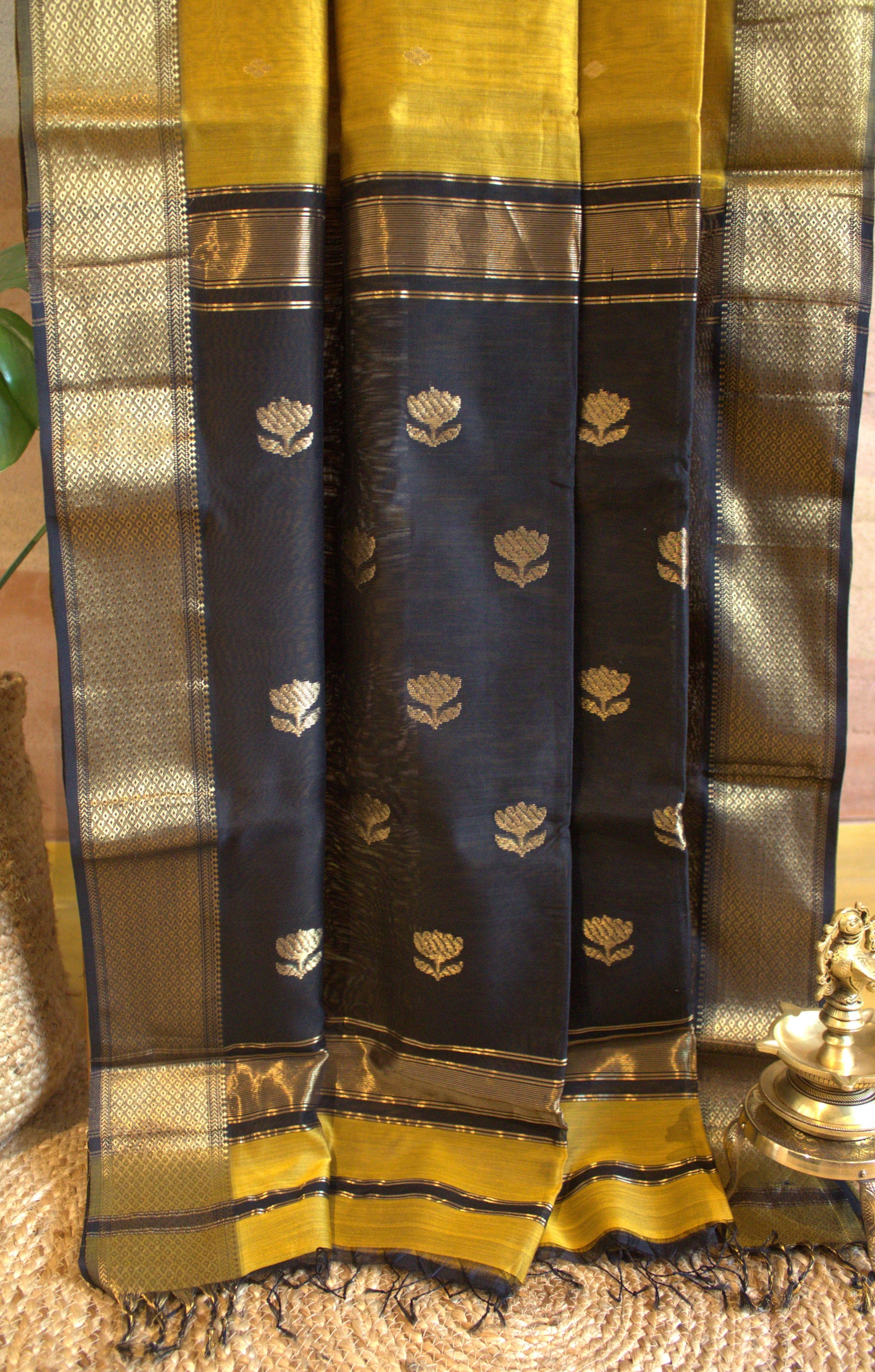 Maheswari Silk Saree Yellow with Black Zari border and Black blouse