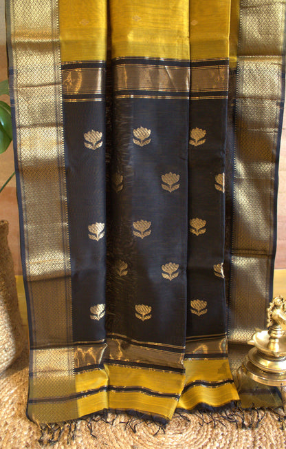Maheswari Silk Saree Yellow with Black Zari border and Black blouse