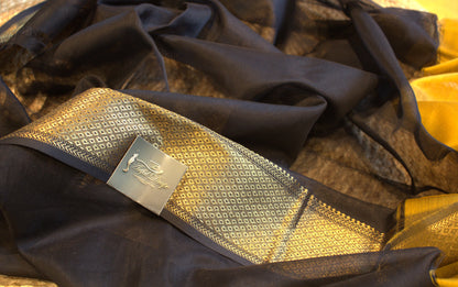 Maheswari Silk Saree Yellow with Black Zari border and Black blouse