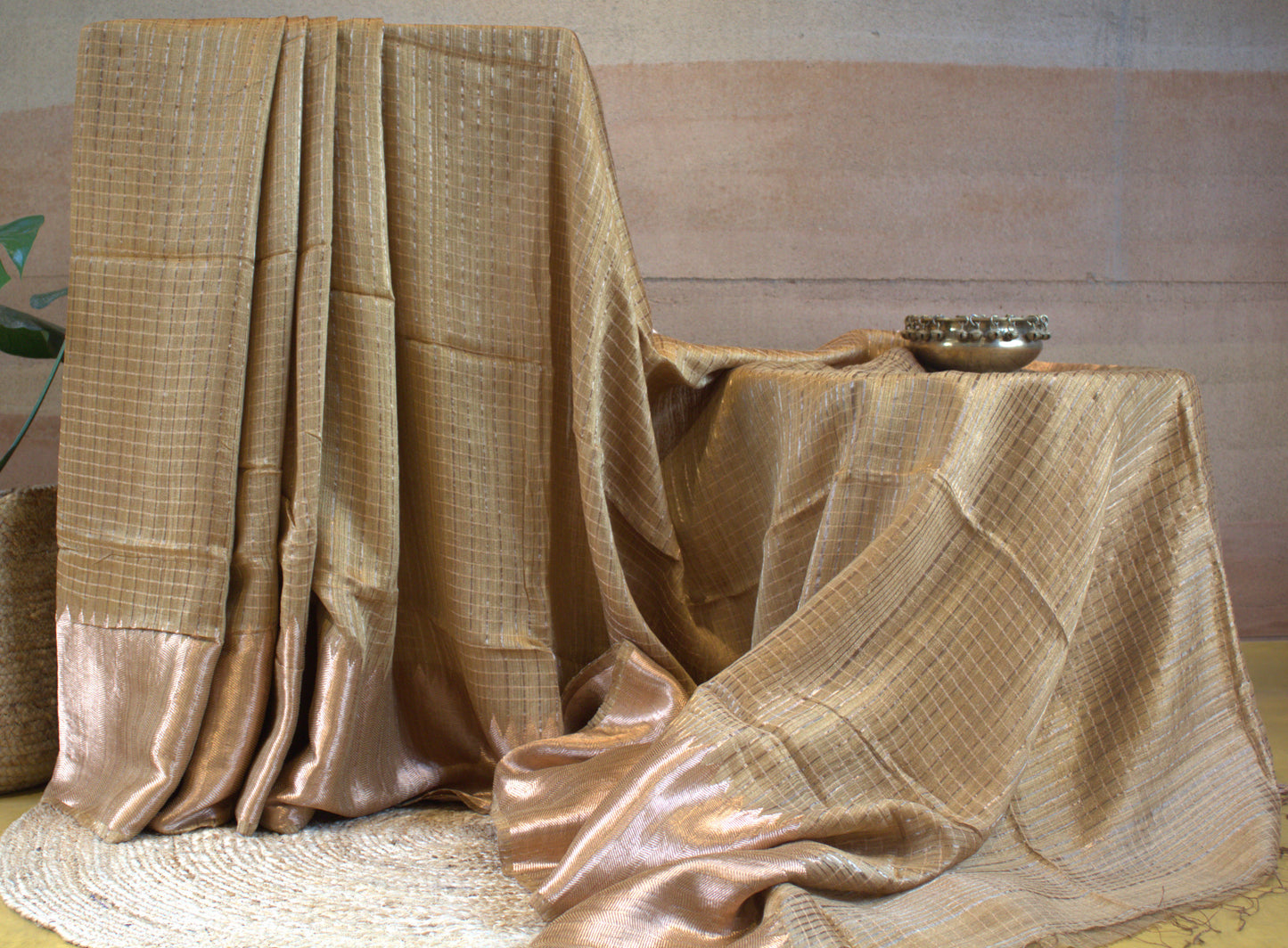Pure Matka silk Beige/golden saree with checks and running blouse