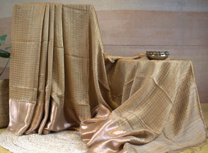 Pure Matka silk Beige/golden saree with checks and running blouse