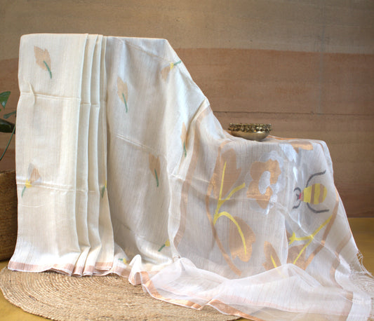 Pure Matka Silk white saree with honey bee weaving and running blouse