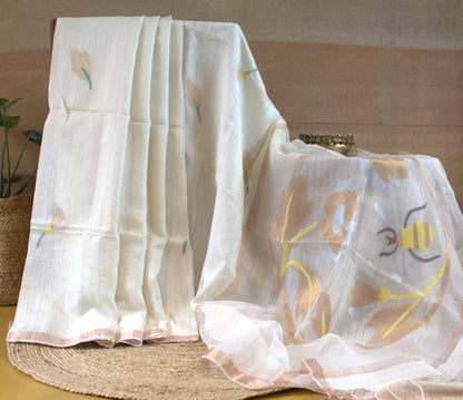 Pure Matka Silk white saree with honey bee weaving and running blouse