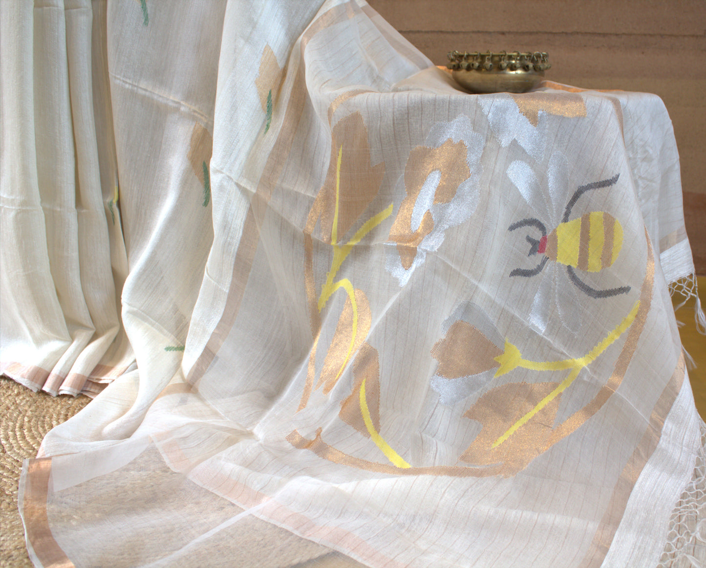 Pure Matka Silk white saree with honey bee weaving and running blouse