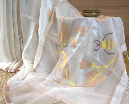 Pure Matka Silk white saree with honey bee weaving and running blouse