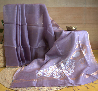 Pure Muslin silk sequence weaving saree with peacock weave pallu and matka silk blouse