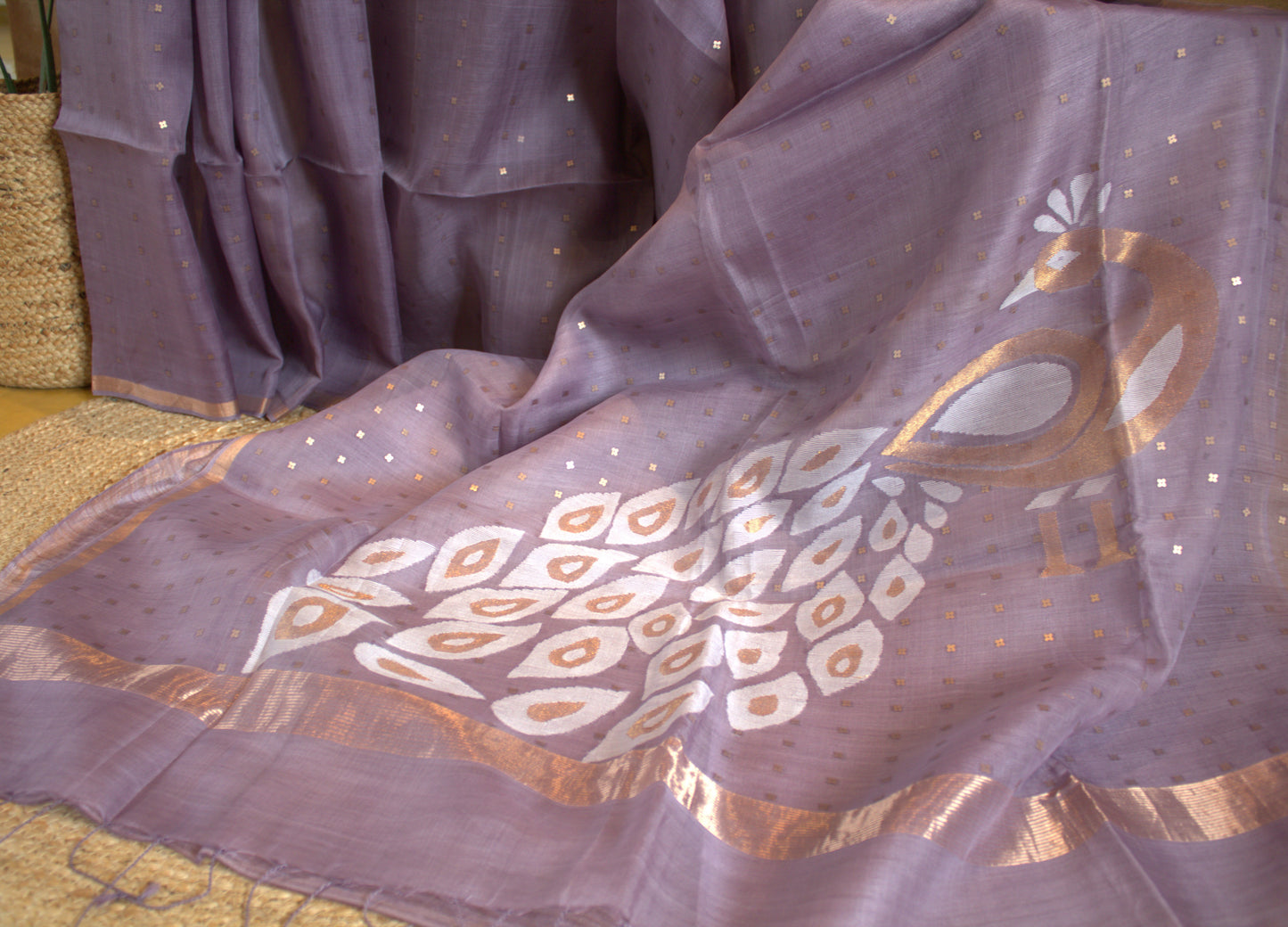 Pure Muslin silk sequence weaving saree with peacock weave pallu and matka silk blouse