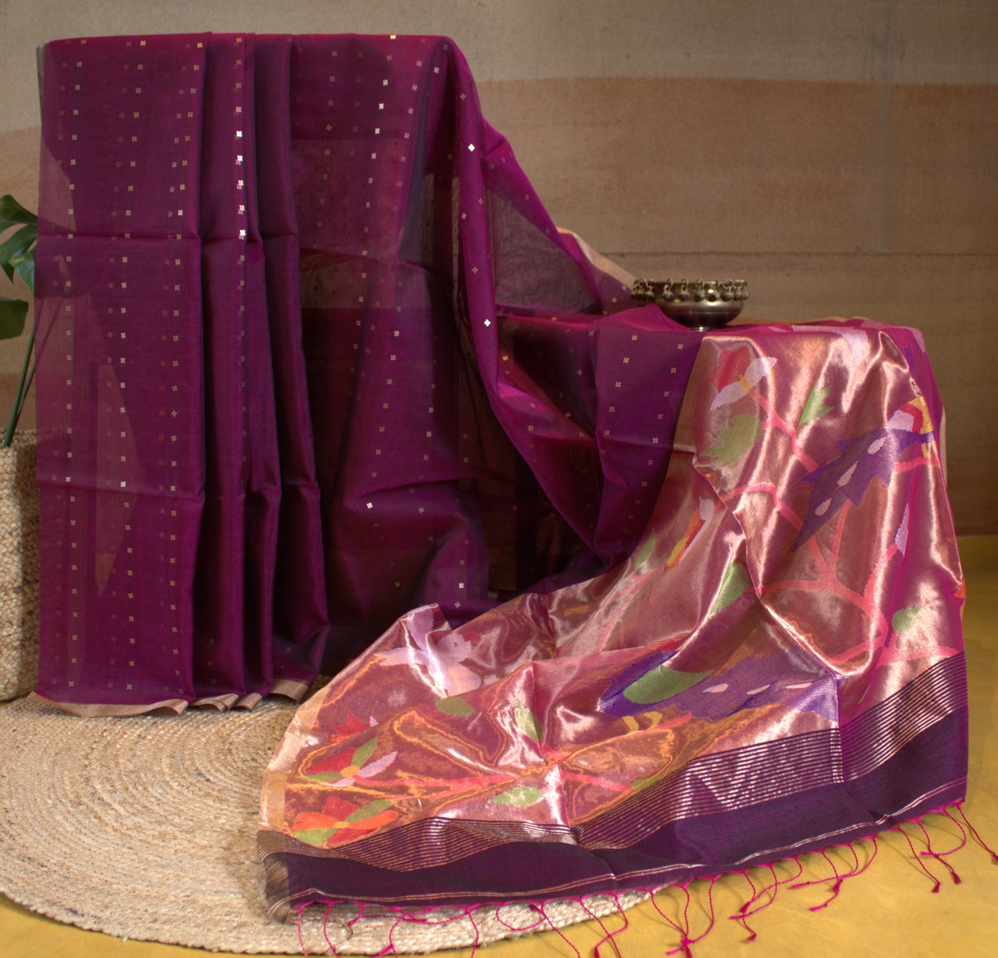 Pure Muslin Silk purple sequence weaving saree with Paithani pallu and Matka blouse