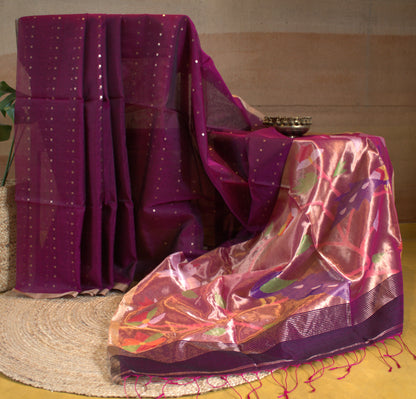 Pure Muslin Silk purple sequence weaving saree with Paithani pallu and Matka blouse