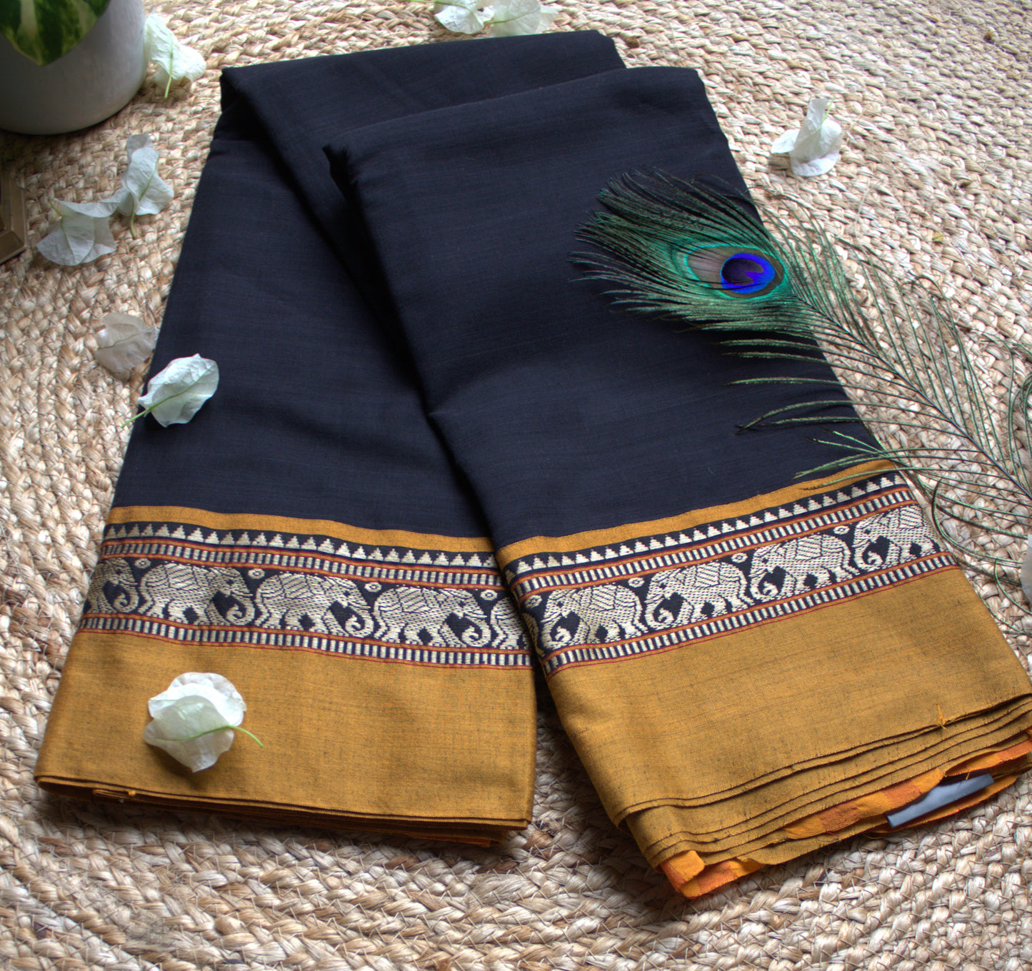 Narayanpet cotton Black saree with Yellow border elephant motifs and running blouse