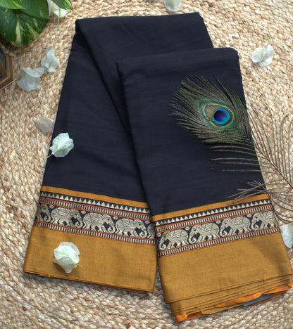 Narayanpet cotton Black saree with Yellow border elephant motifs and running blouse