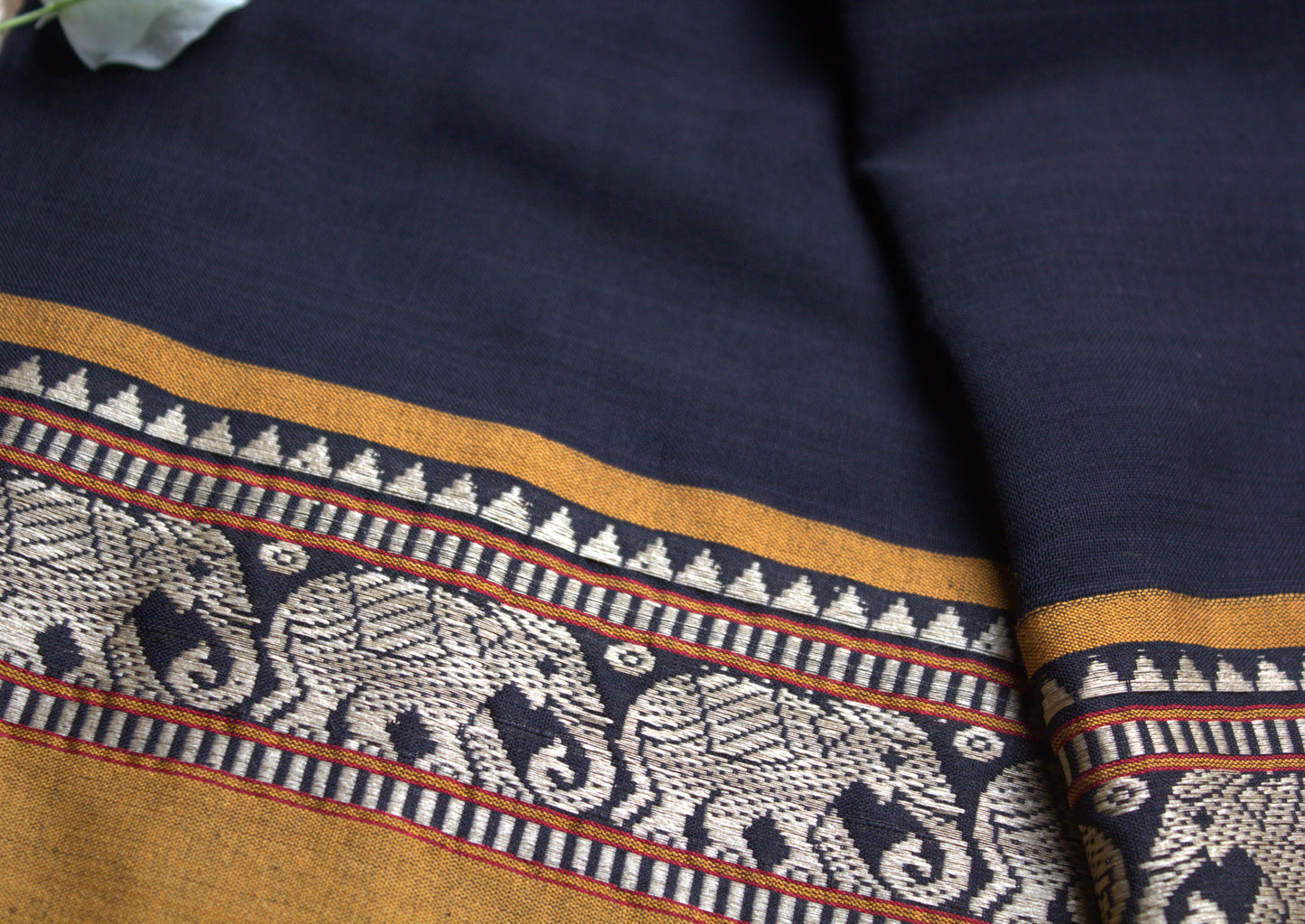 Narayanpet cotton Black saree with Yellow border elephant motifs and running blouse