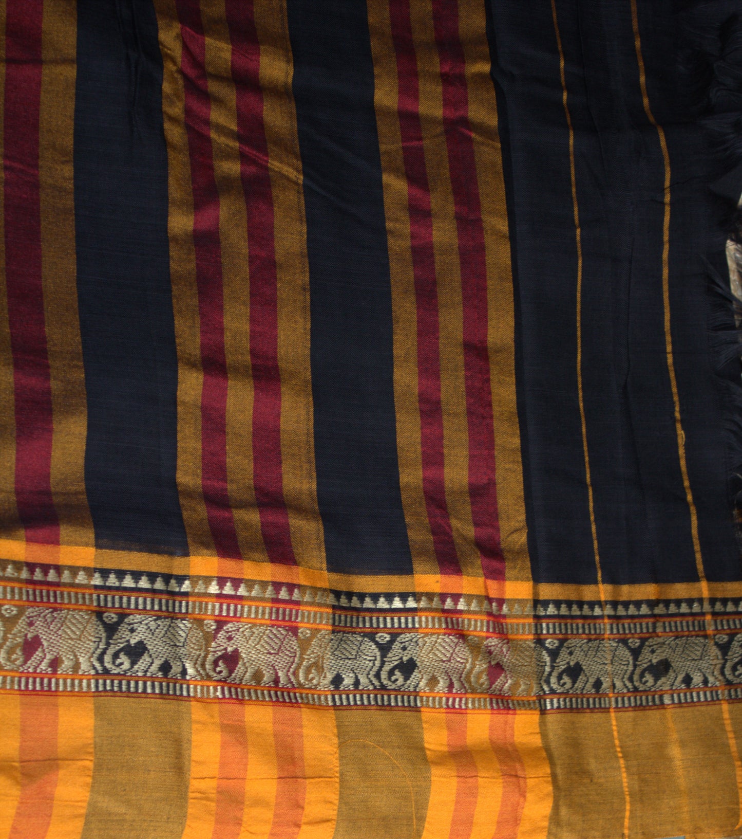 Narayanpet cotton Black saree with Yellow border elephant motifs and running blouse