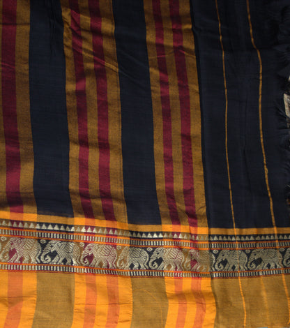 Narayanpet cotton Black saree with Yellow border elephant motifs and running blouse