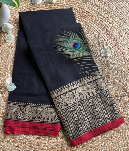 Narayanpet cotton Black saree with big border elephant motifs and running blouse