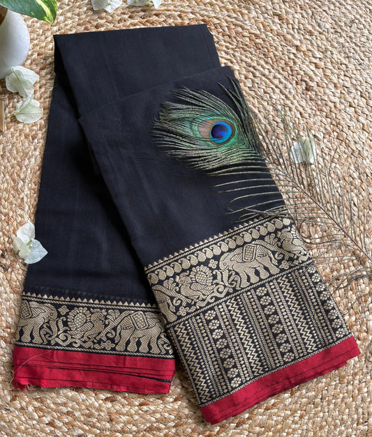Narayanpet cotton Black saree with big border elephant motifs and running blouse