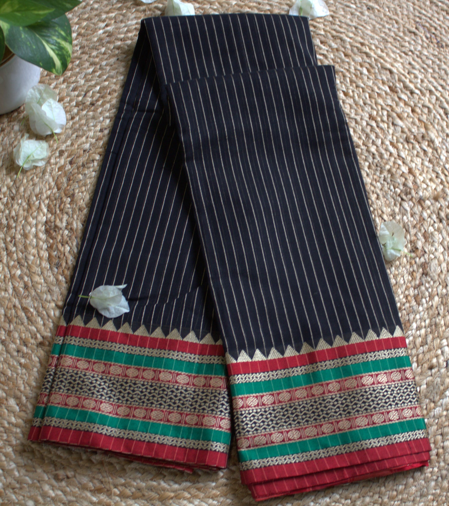 Narayanpet cotton Black saree with big temple border and running blouse