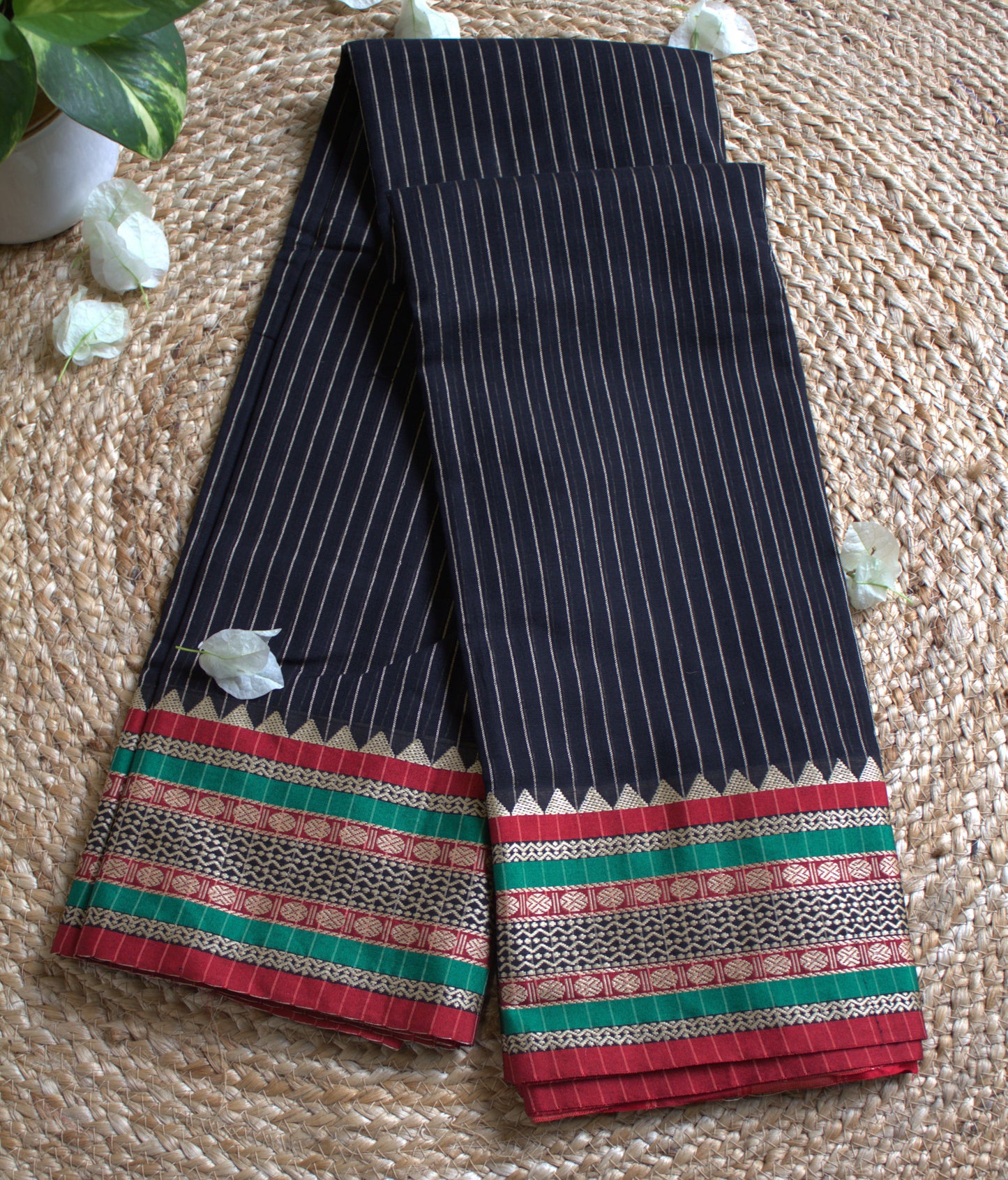 Narayanpet cotton Black saree with big temple border and running blouse