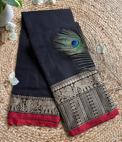 Narayanpet cotton Black saree with big border elephant motifs and running blouse