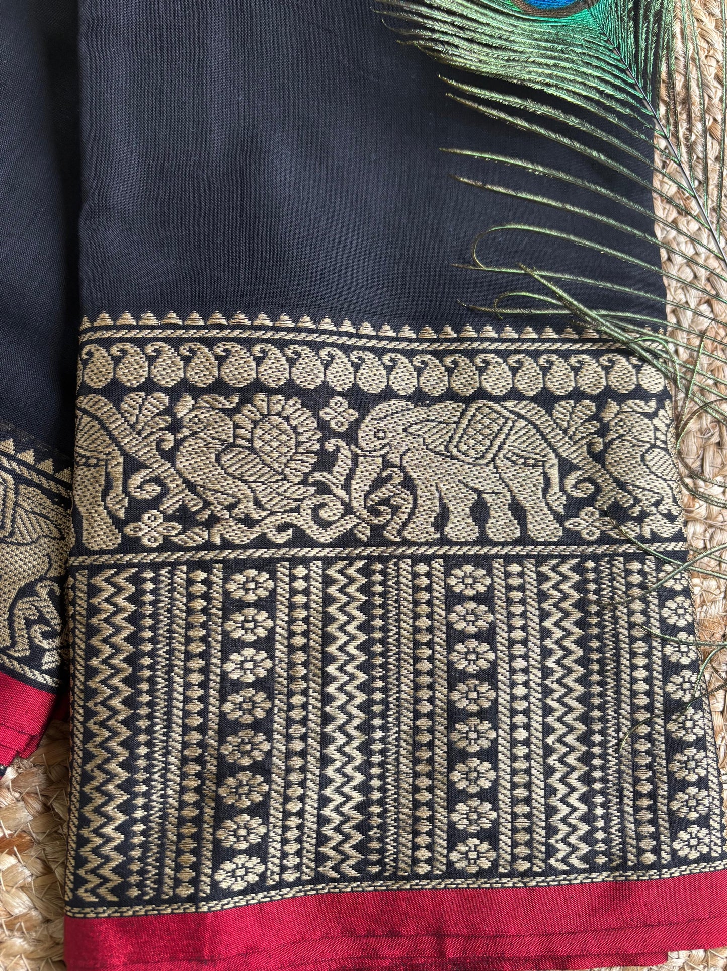 Narayanpet cotton Black saree with big border elephant motifs and running blouse