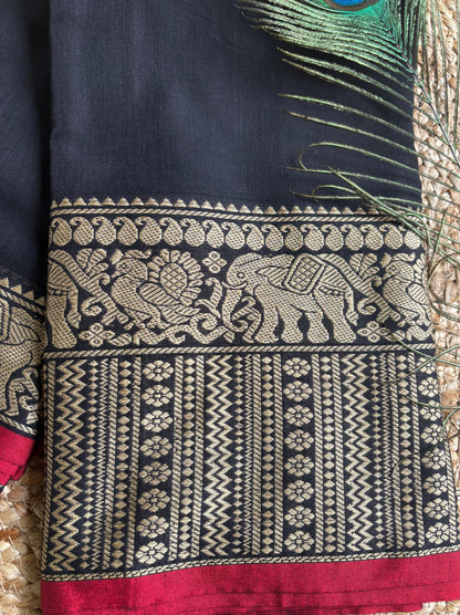 Narayanpet cotton Black saree with big border elephant motifs and running blouse