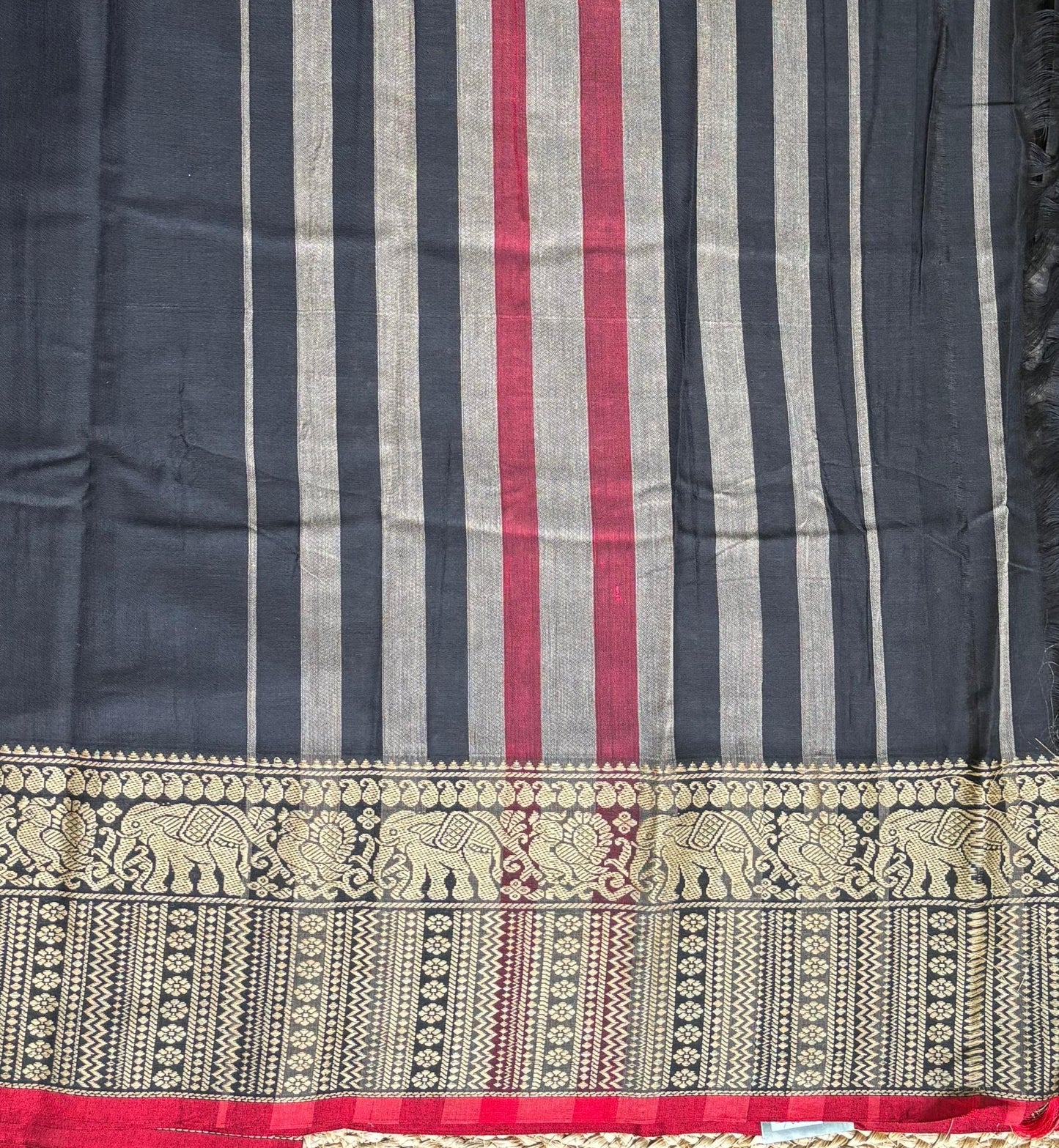 Narayanpet cotton Black saree with big border elephant motifs and running blouse