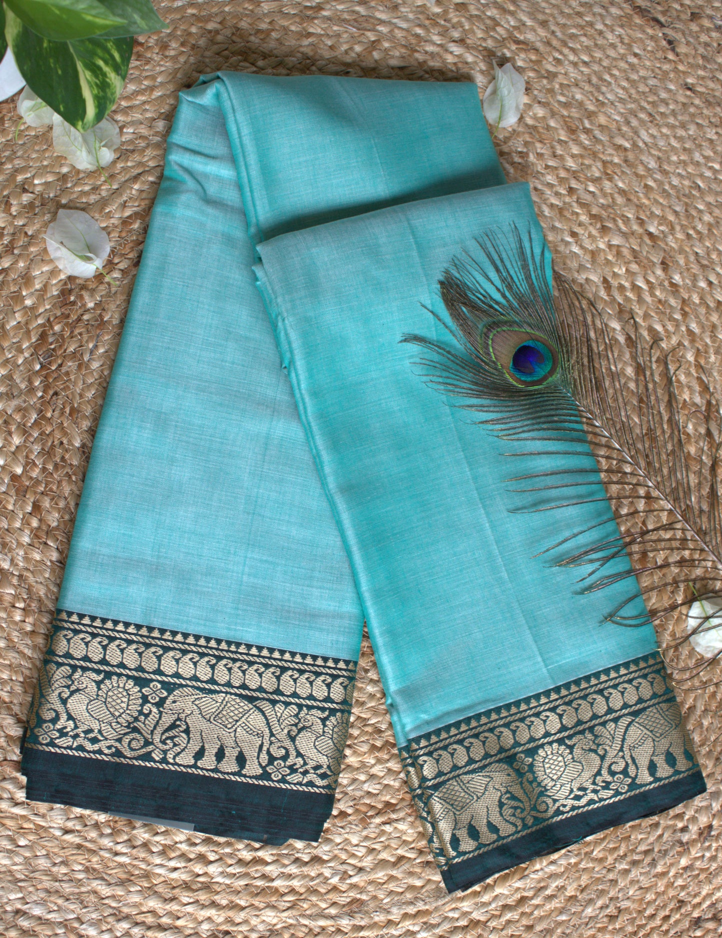 Narayanpet cotton Blue saree with big elephant motifs border and running blouse