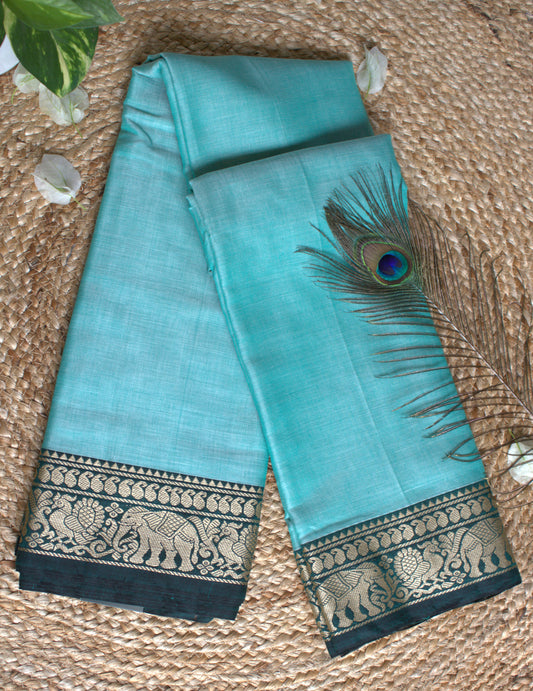 Narayanpet cotton Blue saree with big elephant motifs border and running blouse