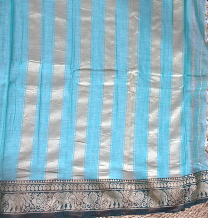 Narayanpet cotton Blue saree with big elephant motifs border and running blouse