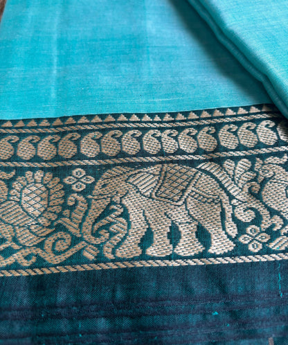 Narayanpet cotton Blue saree with big elephant motifs border and running blouse