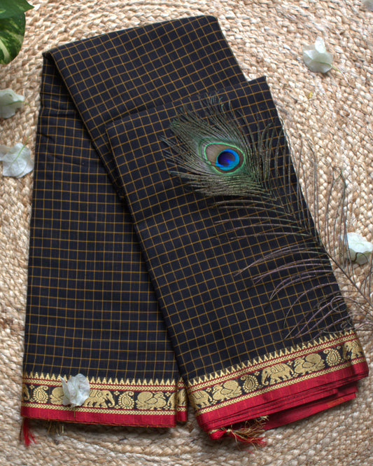 Narayanpet cotton Black checks saree with Maroon elephant motifs border and running blouse