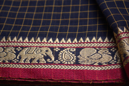 Narayanpet cotton Black checks saree with Maroon elephant motifs border and running blouse