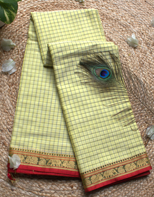 Narayanpet cotton Lemon yellow checks saree with Elephants motifs border and running blouse