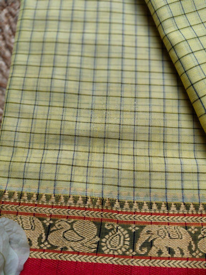 Narayanpet cotton Lemon yellow checks saree with Elephants motifs border and running blouse